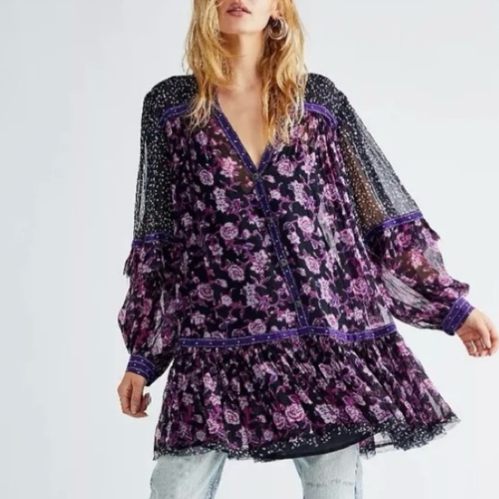Free People Women Rosebud Mini Tunic Dress/Top Sz XS Purple Floral Lined Frayed